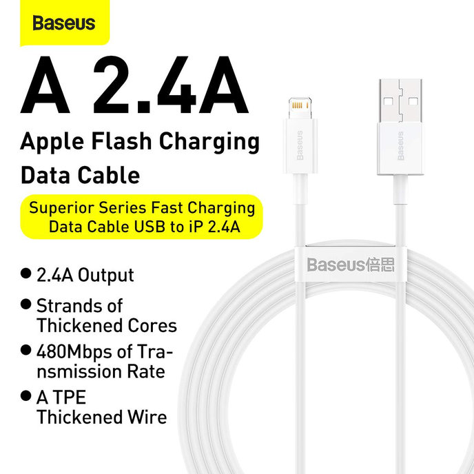 Baseus CALYS-C02 Superior Fast Charging Kábel Lightning 2.4A 2m White