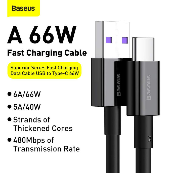 Baseus Superior USB-A/C kábel 66W 2m čierny (CATYS-A01)