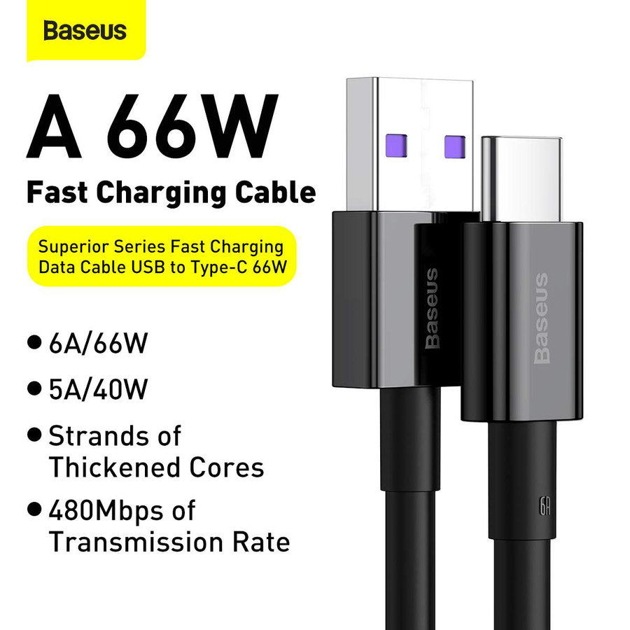 Baseus Superior USB-A/C kábel 66W 2m čierny (CATYS-A01)