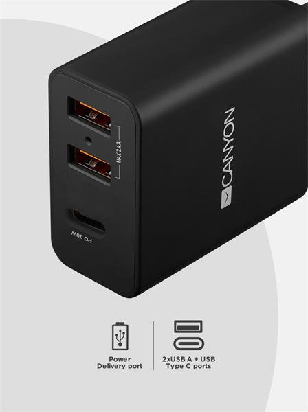 Canyon CNE-CHA08B, USB-C Quick Charge, Nabíjací adaptér, čierny