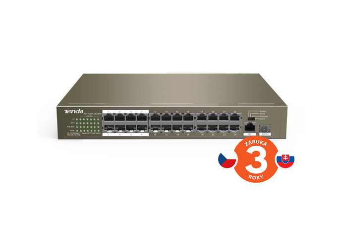 Tenda TEF1126P-24-250W PoE AF/AT switch - 24x PoE 100 Mb/s + 2x Uplink 1Gb/s RJ45/SFP, PoE+ 225W