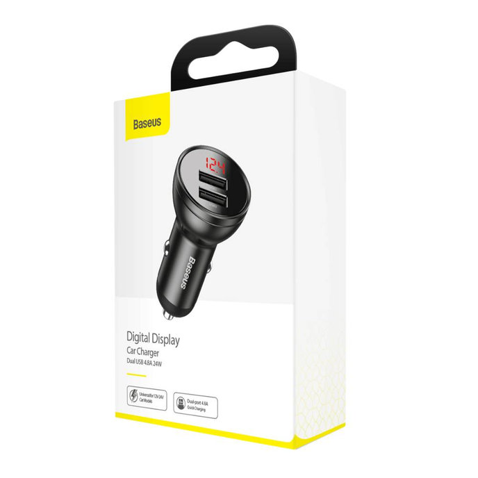 Baseus duálny USB adaptér do auta s displejom 4,8A 24W, sivý