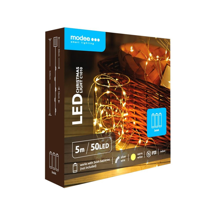 MODEE LIGHTNING Modee Lighting LED vianočná reťaz 50 LED 5m 3xAA teplá biela