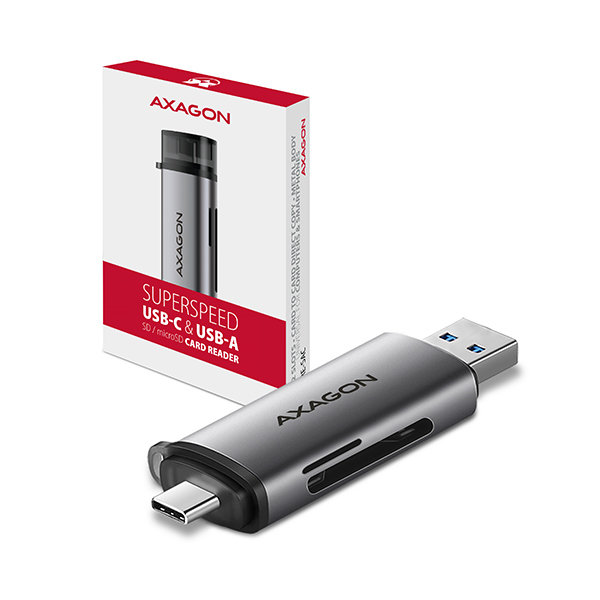 AXAGON CRE-SAC, USB3.2 Gen 1 Type-C + Type-A externá čítačka kariet SD/microSD, podpora UHS-I