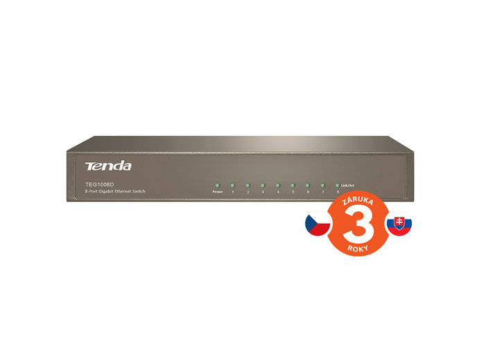 Tenda TEG1008D 8-port Gigabit Switch, 8x 10/100/1000 Mb/s, Fanless-bez ventilátorov, Kov, 9K Jumbo