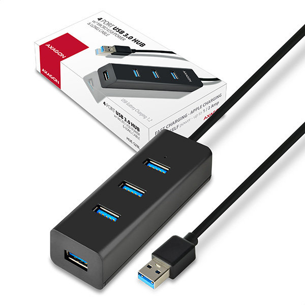 AXAGON HUE-S2BL, 4x USB 3.0 CHARGING húb, micro USB napr. konektor, kábel USB-A 1.2m