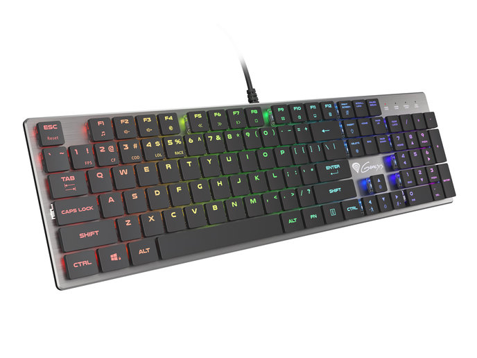 Herná klávesnica Genesis herní mechanická klávesnice THOR 420/RGB/Content Slim Blue/Drátová USB/US layout/Šedá