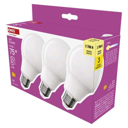 EMOS LED žiarovka Classic A60 / E27 / 9,5 W (75 W) / 1055 lm / Teplá biela