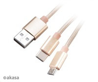 Kábel AKASA 2v1 z USB typu A na Micro-B a USB typu C, 120 cm, zlatý