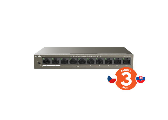 Tenda TEF1110P-8-63W PoE AT switch - 8x PoE 100 Mb/s + 2x Uplink 100 Mb/s, PoE max 63W, fanless, PoE+