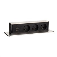 Solight USB výsuvný blok zásuvek, 3 zásuvky, hliník + plast, obdélníkový tvar, prodlužovací přívod 1,9m, 3 x 1mm2