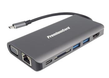 Prevodník PREMIUMCORD USB3.1 typ C na HDMI+VGA+RJ45+2xUSB3.0+SD karta +3,5 mm+PD nabíjanie