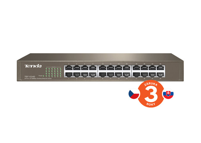 Tenda TEF1024D - 24x 10/100 Mb/s Fast Ethernet Switch, Fanless-bez ventilátorov, Rackmount, 6kV ochrana