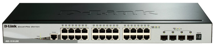 D-Link DGS-1510-28X 28-portový gigabitový stohovateľný inteligentný riadený prepínač, 24x gigabit RJ45, 4x 10G SFP+
