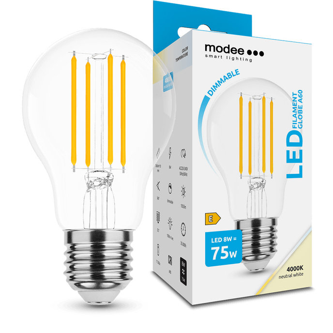 MODEE LIGHTNING Modee Lighting LED Filament žiarovka E27 8W 4000K A60 stmievateľná (75W)