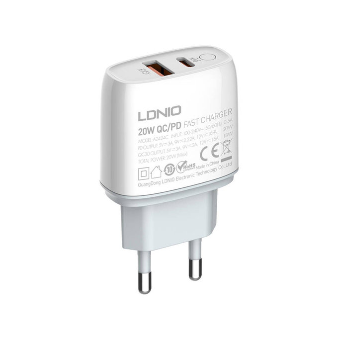 LDNIO nabíjačka A2424C USB-A, USB-C 20W biela + Lightning kábel