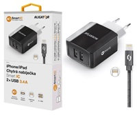 Múdra sieťová nabíjačka ALIGATOR 3.4A, 2xUSB, smart IC, čierna, kábel pre iPhone/iPad 2A